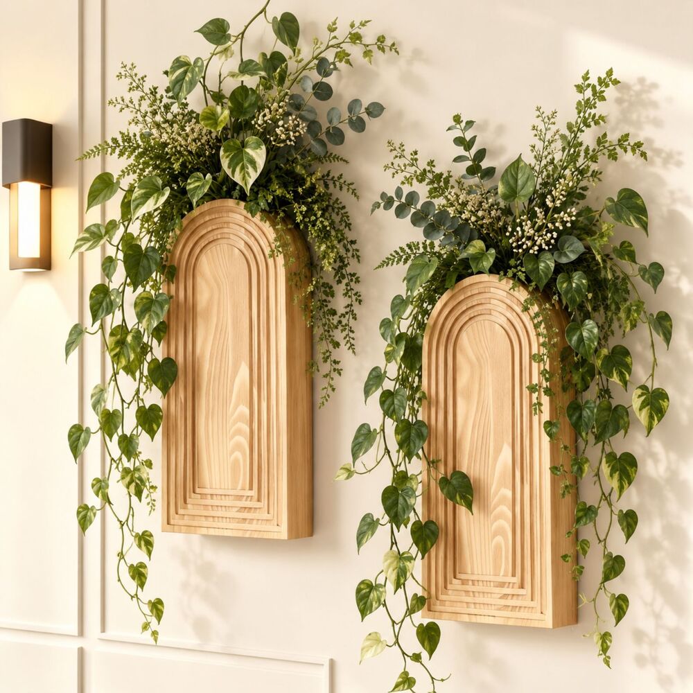 Boho Wooden Wall Vases Set of 2 Arched Hanging Planters Farmhouse Home Decor